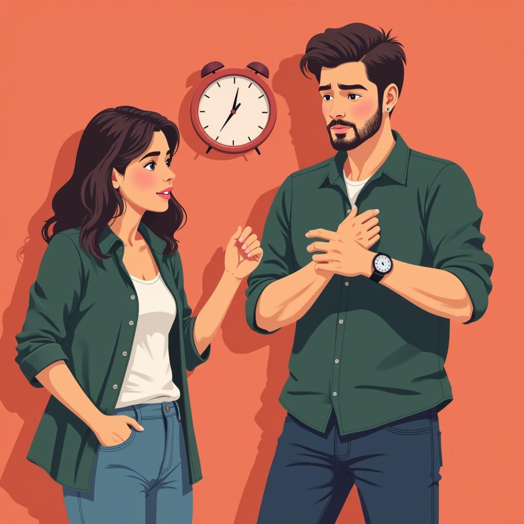 A guy looking at his watch and leaving a girl