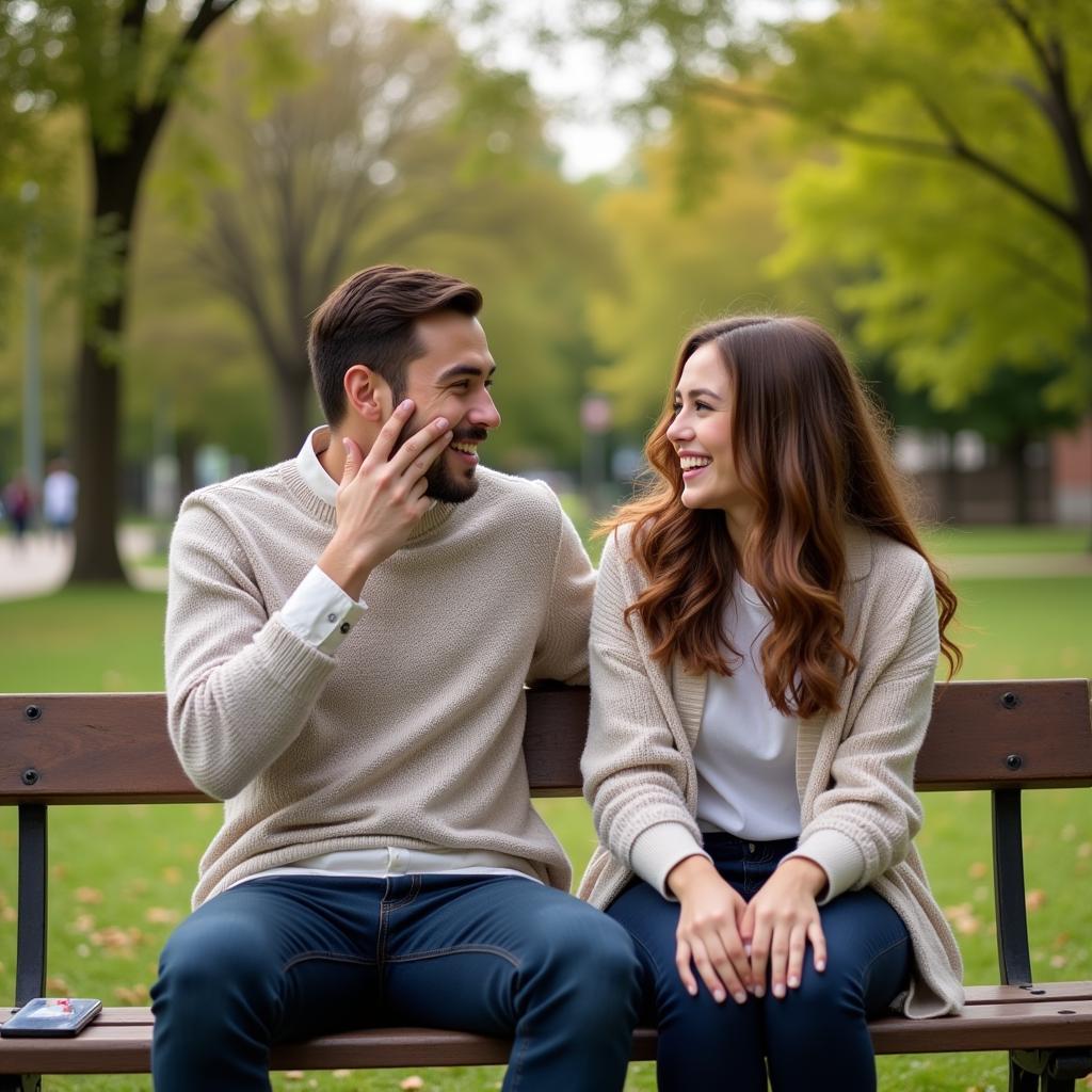 A girl playfully covering a guy's eyes