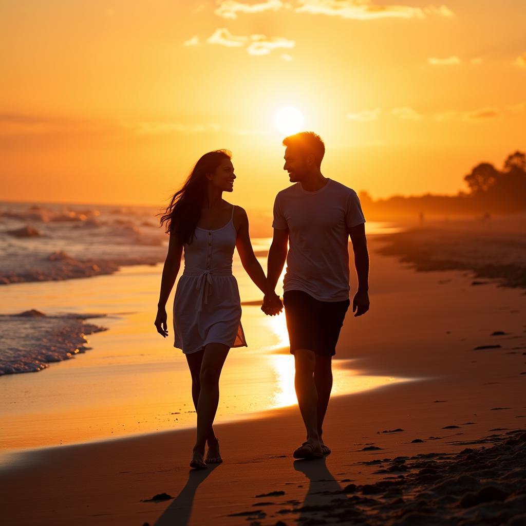 A happy couple walking hand-in-hand on the beach