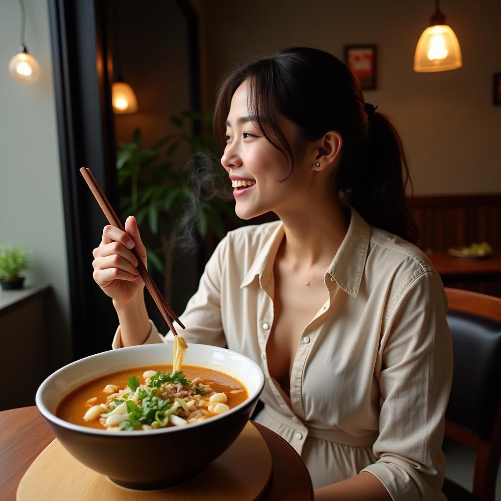 Pregnant woman enjoys a bowl of pho