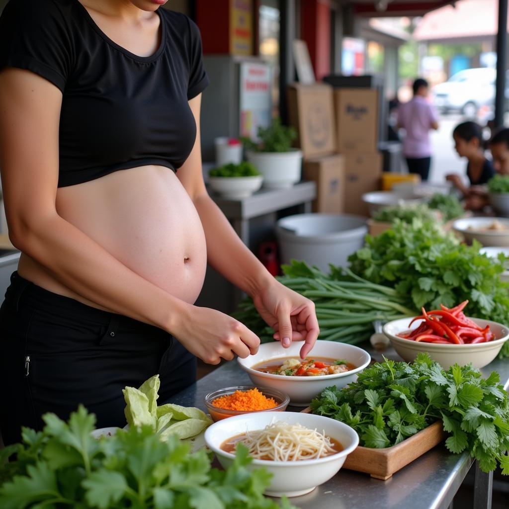 Pregnant woman choosing ingredients for her pho