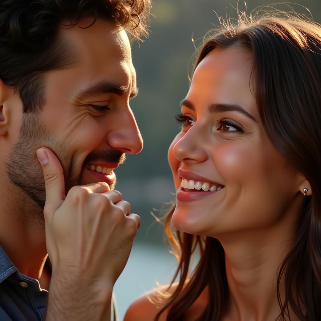 Boyfriend gently pinching girlfriend's cheek