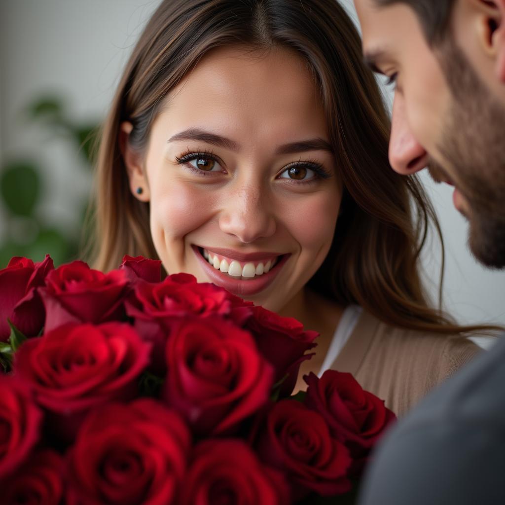 A girl happily receiving a bouquet of roses from her boyfriend