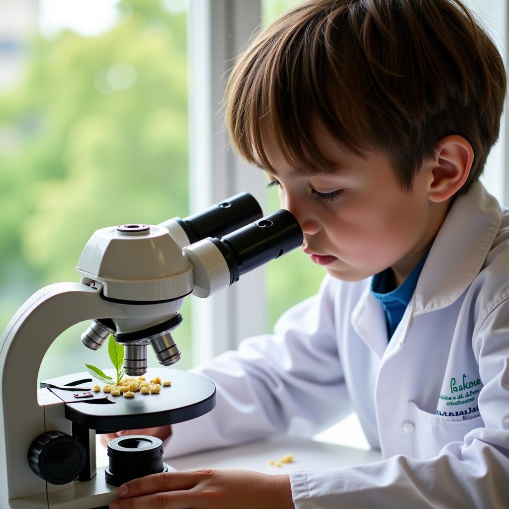 Student examining a plant under a microscope