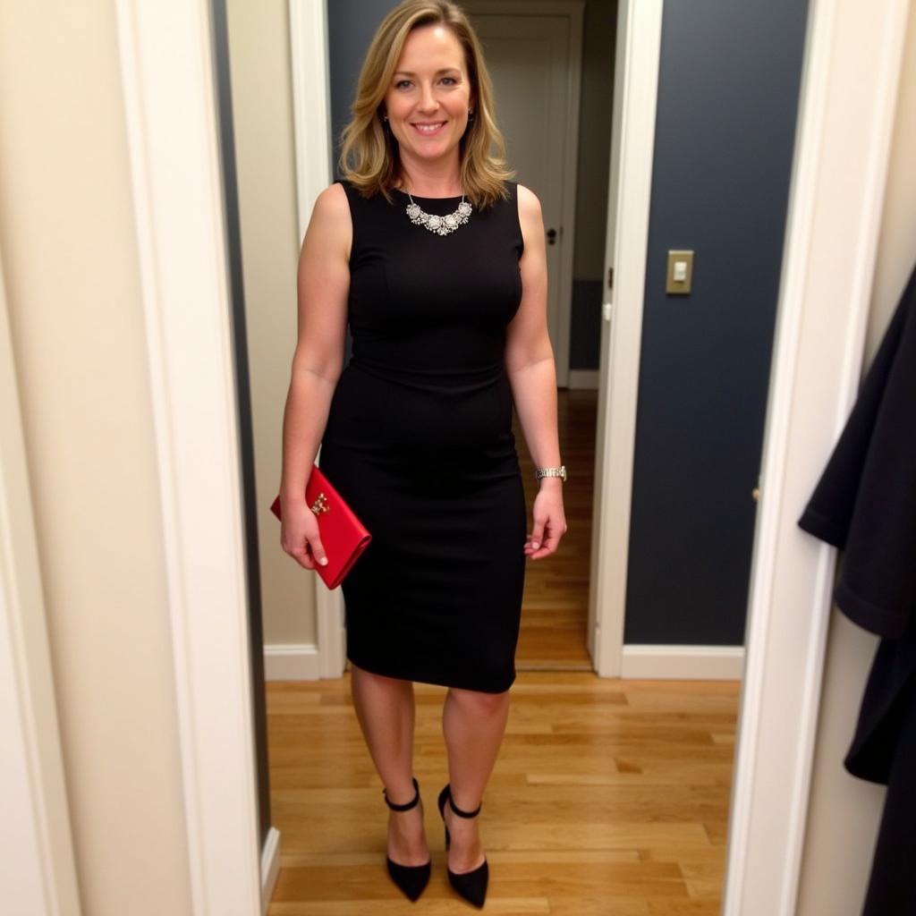 Woman in a black dress ready for a night out.