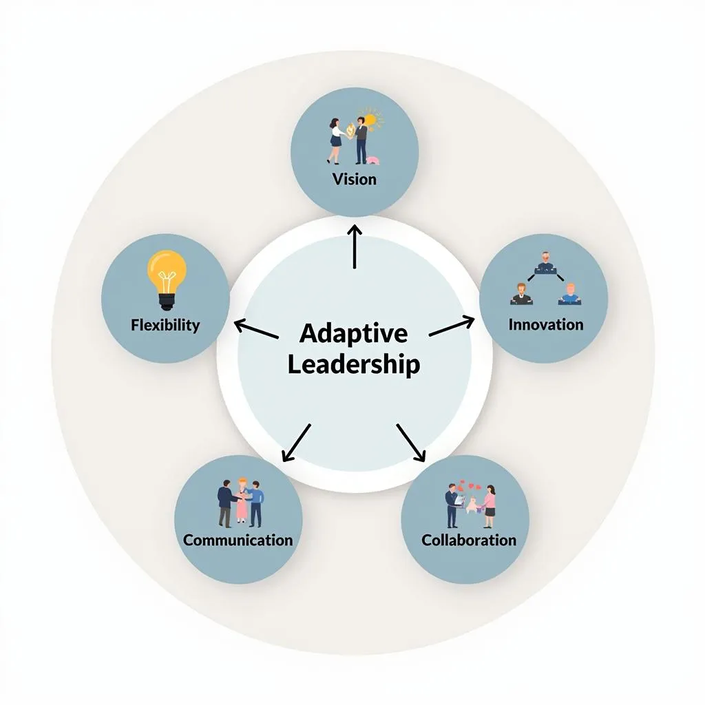 Hình ảnh thể hiện các yếu tố quan trọng của lãnh đạo thích ứng bao gồm tầm nhìn, linh hoạt, sáng tạo, giao tiếp và hợp tác
