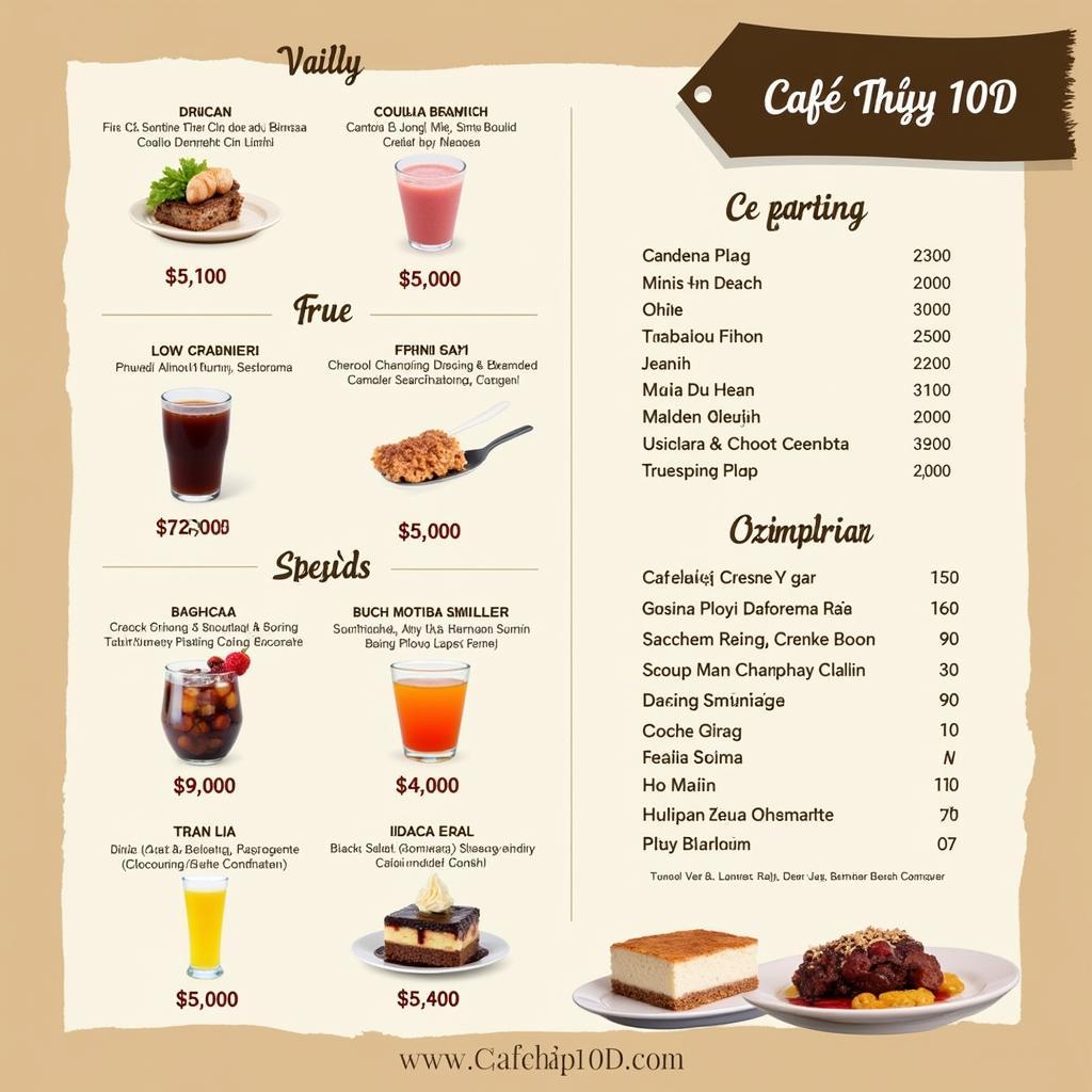 Menu đa dạng tại Cafe Thúy 10D Thích Quảng Đức