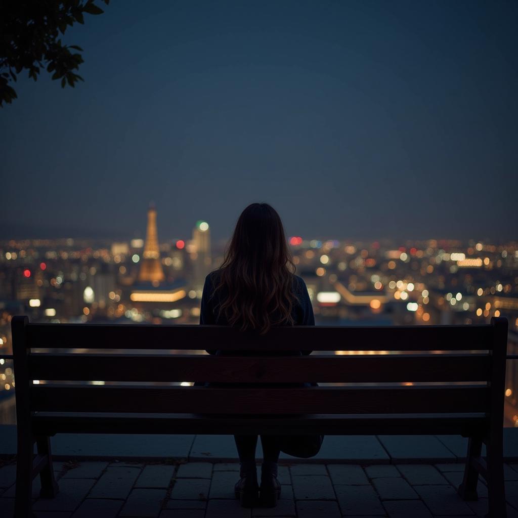 A woman sitting alone on a bench, looking out at a cityscape at night.