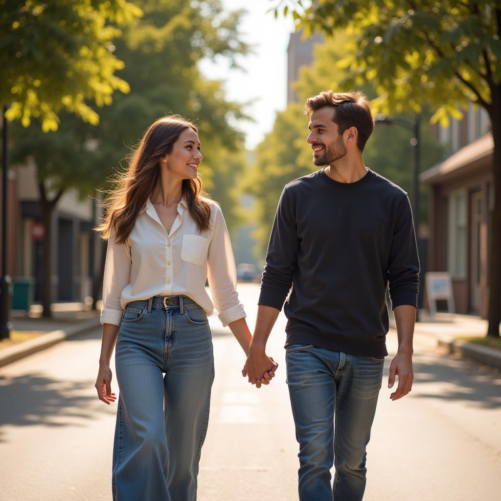 A happy couple walking hand-in-hand