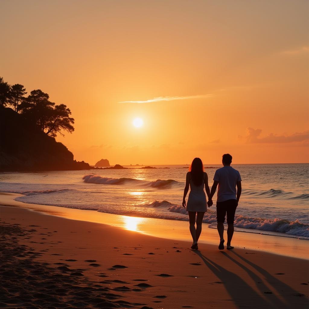 Happy couple walking on the beach