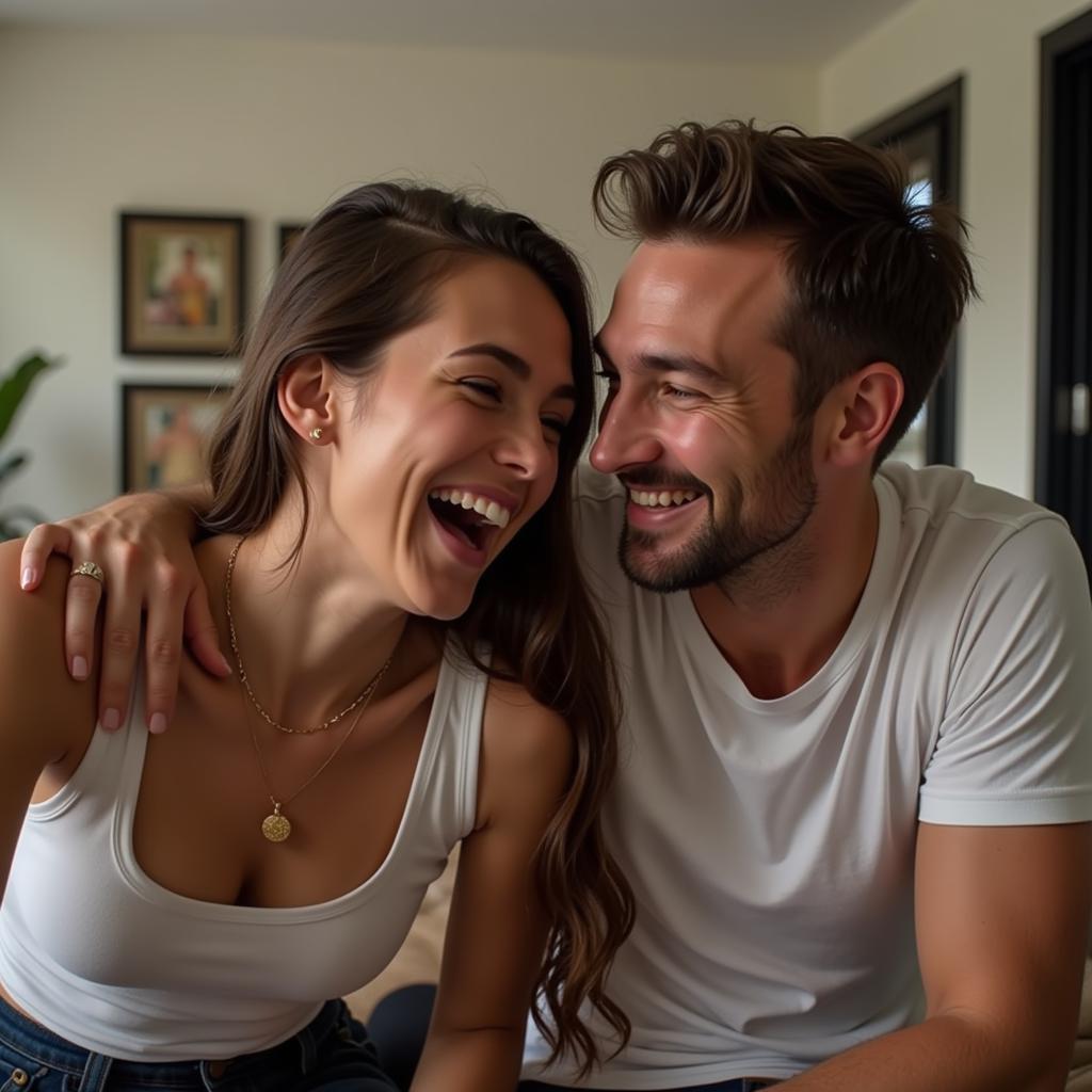 A couple laughing together, enjoying each other's company. They look happy and relaxed, suggesting a strong connection and shared sense of humor.