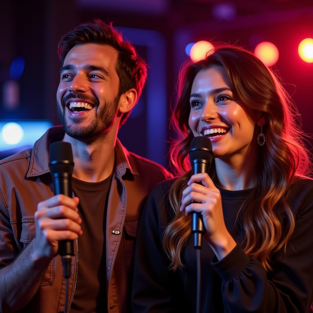 Cặp đôi vui vẻ hát karaoke