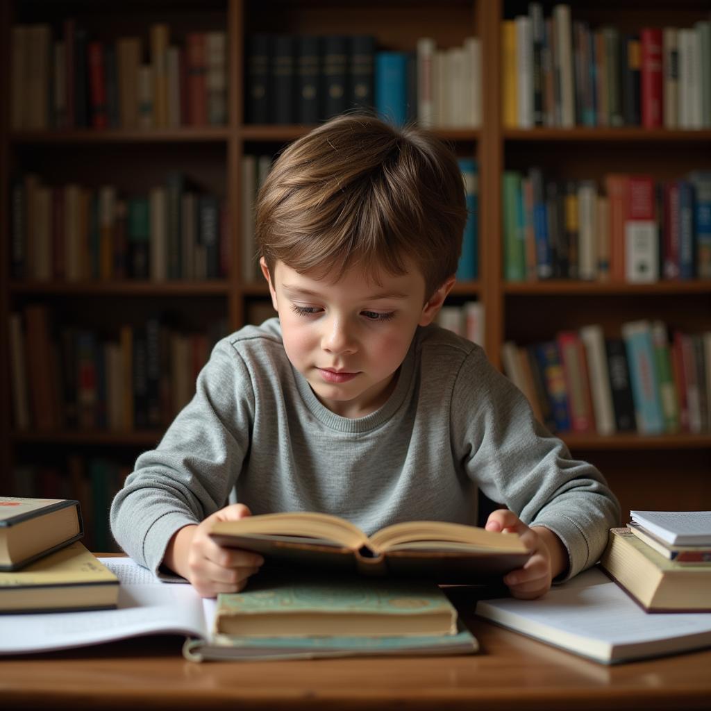 A young boy engrossed in a book, deeply immersed in his studies.