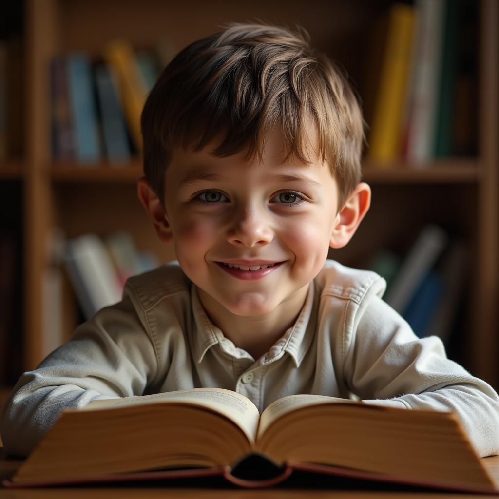 A young boy engrossed in reading