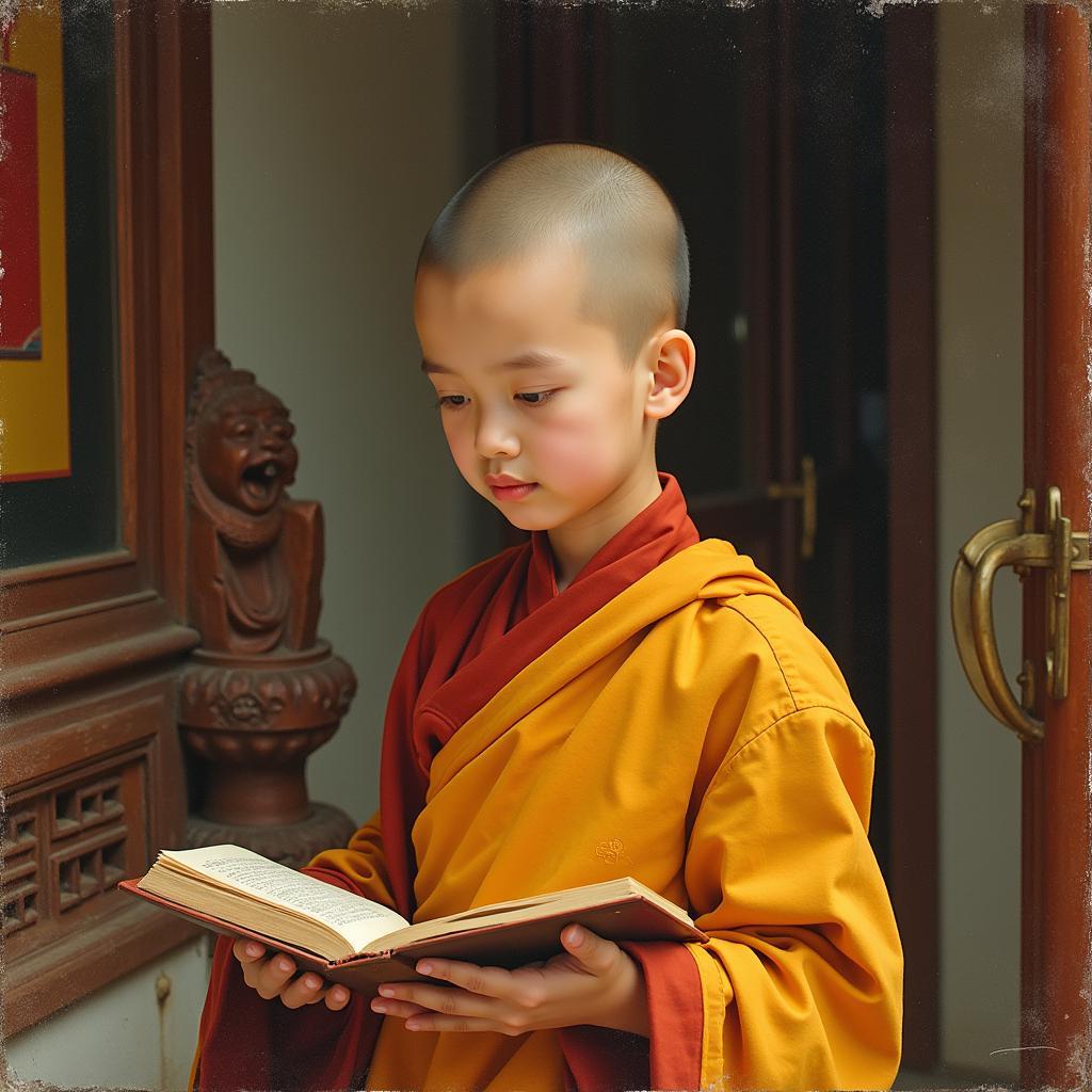 A young boy deeply engrossed in a book, his brow furrowed in concentration.