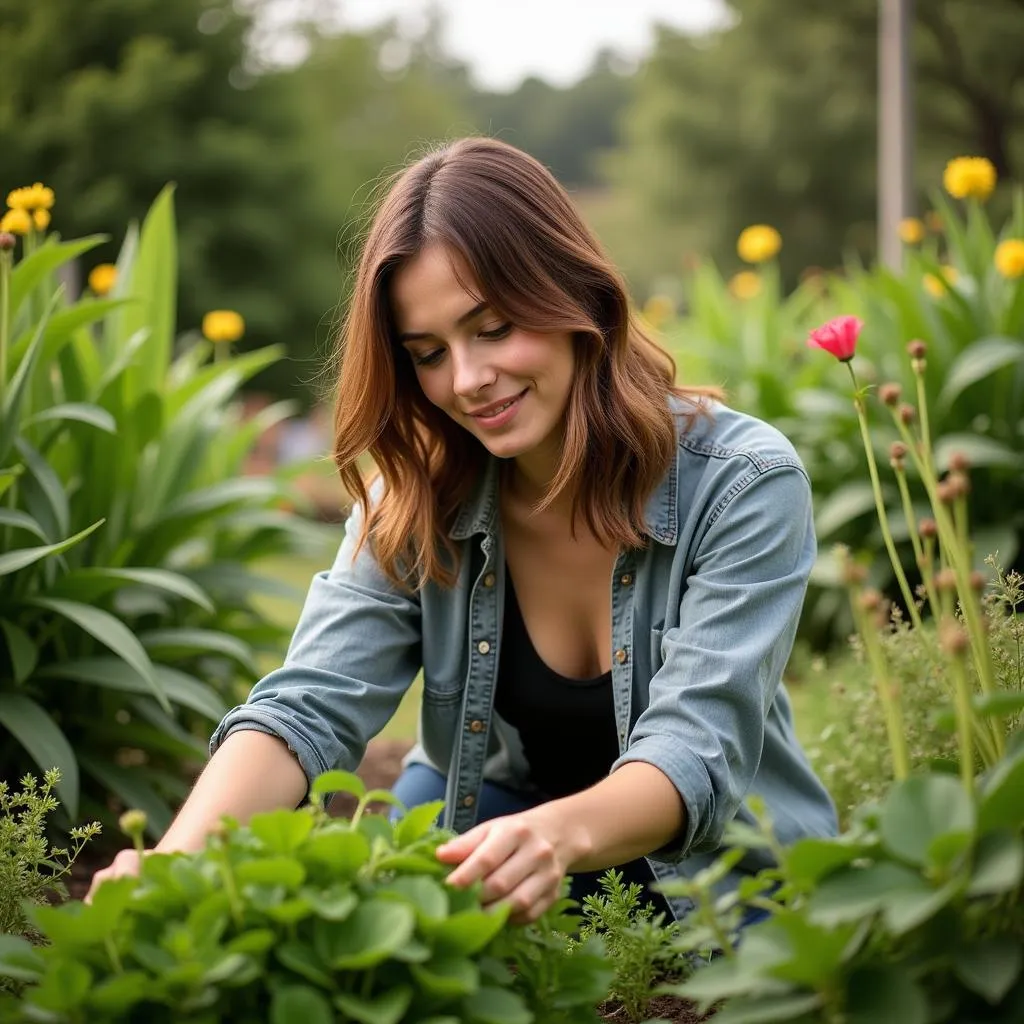 Tending to plants in a garden