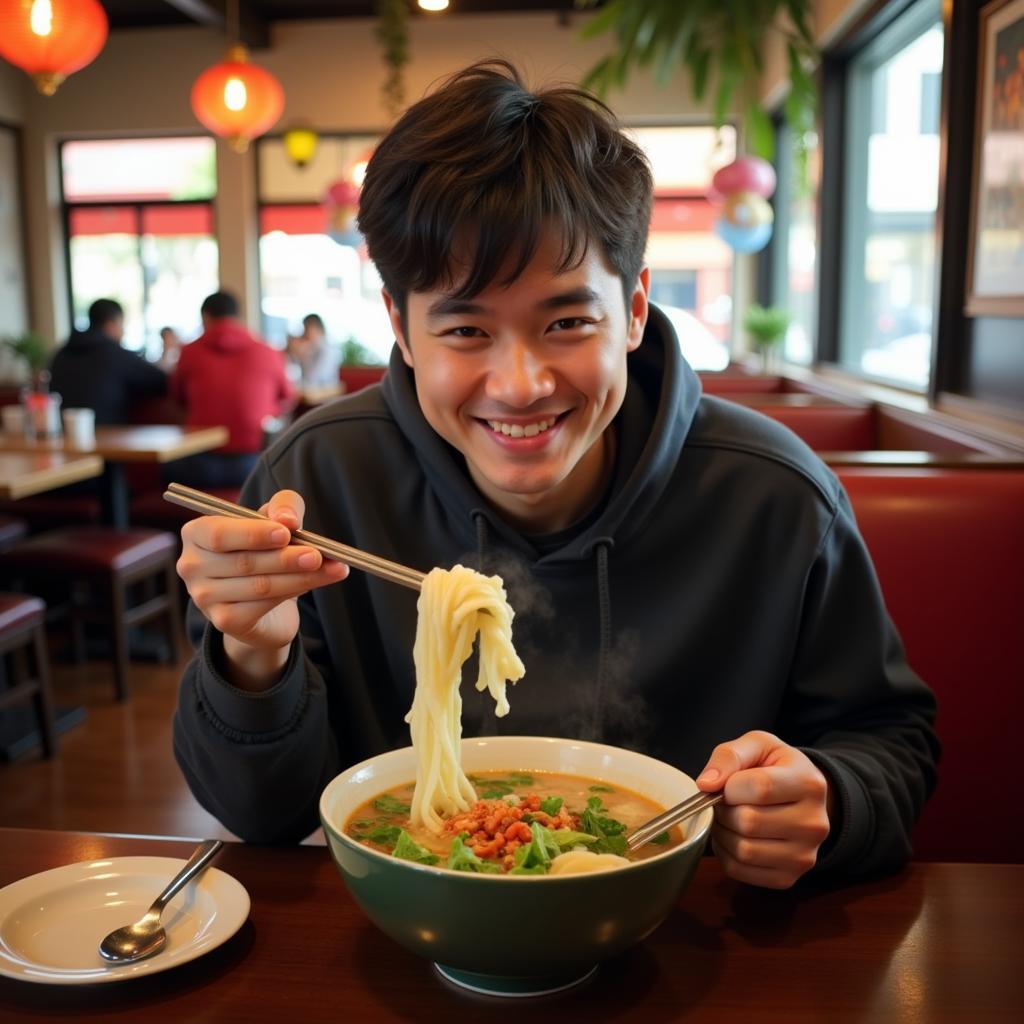 A guy enjoying a bowl of Pho