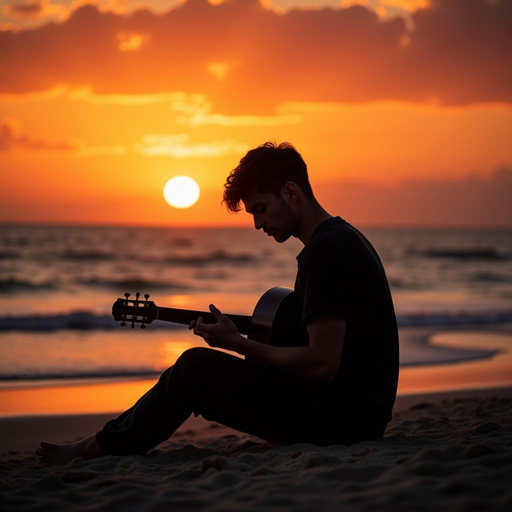 Chàng trai chơi guitar bên bãi biển hoàng hôn