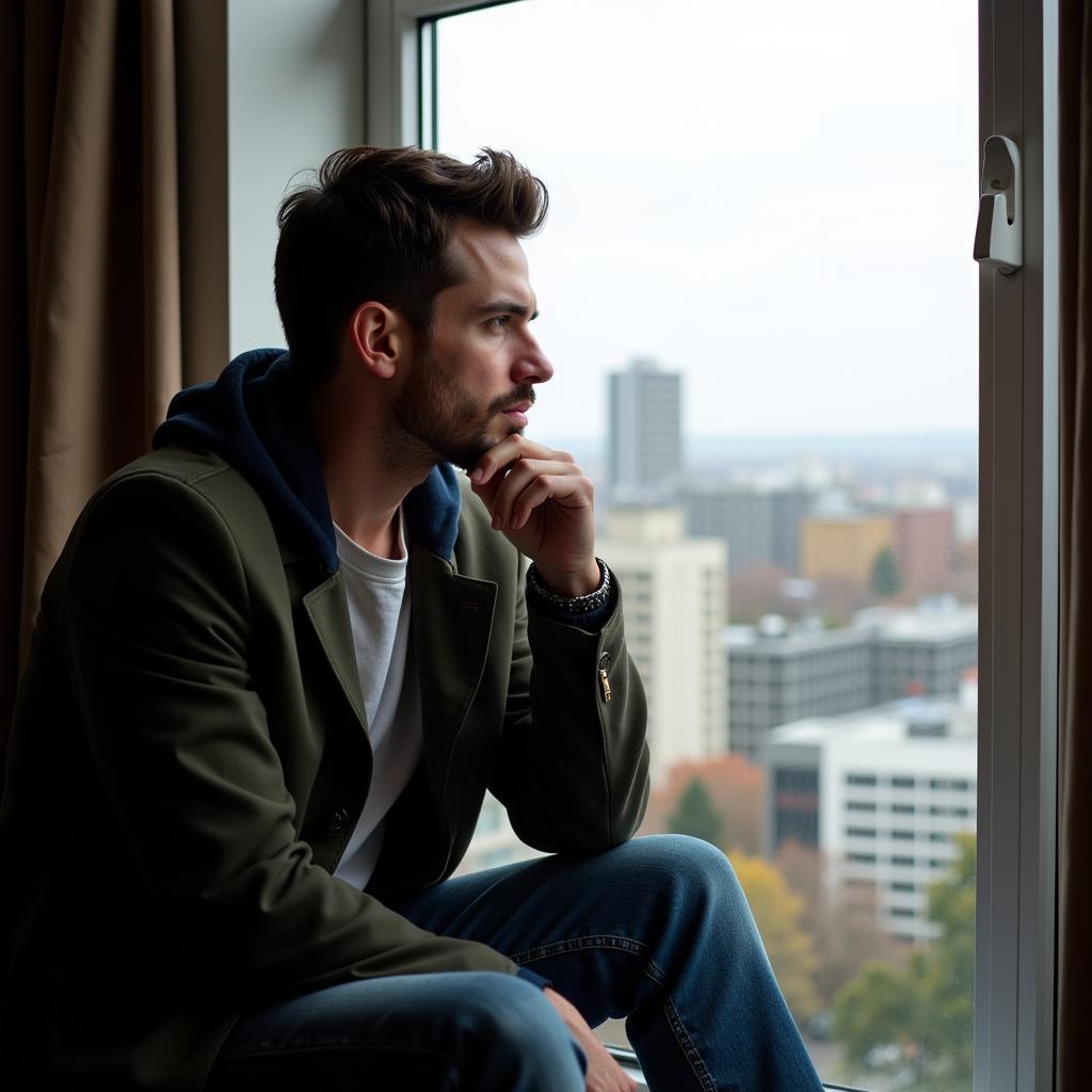 A mature man looking thoughtfully out the window