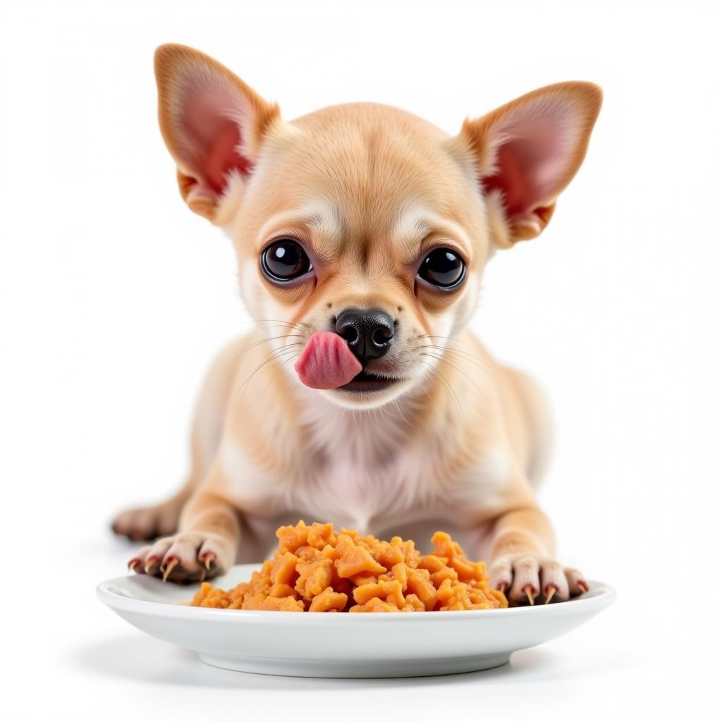 Chó chihuahua con ăn thịt gà xay nhuyễn