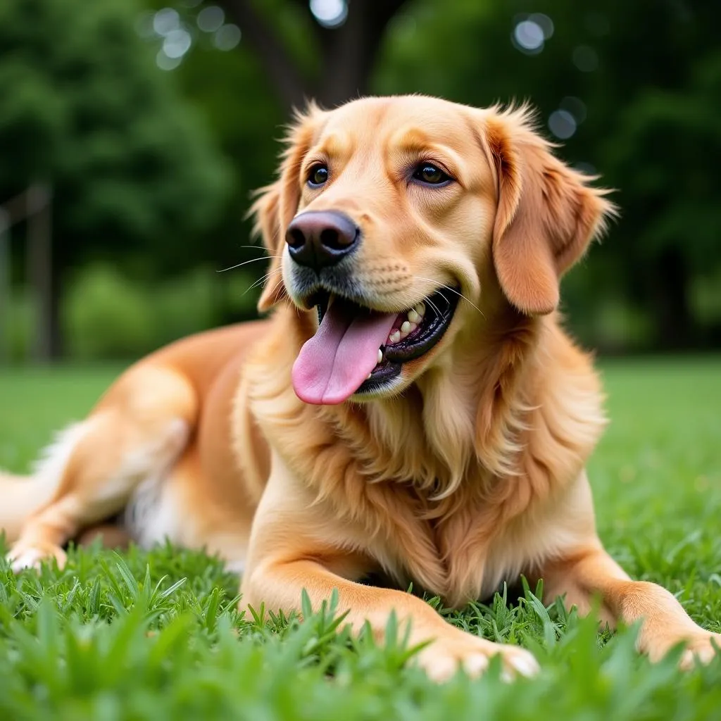 Golden Retriever dog lying on green grass