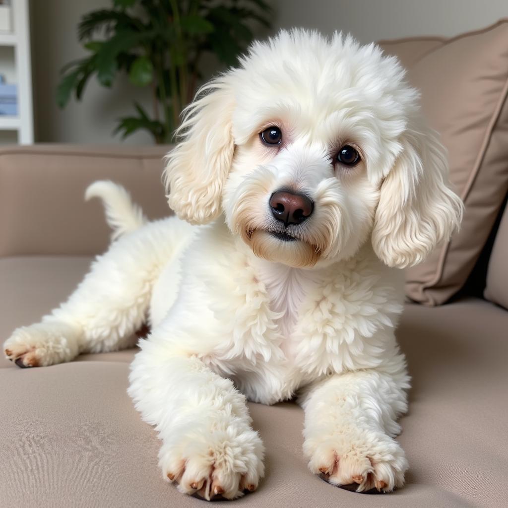 Chú chó Poodle trắng muốt nằm trên ghế sofa