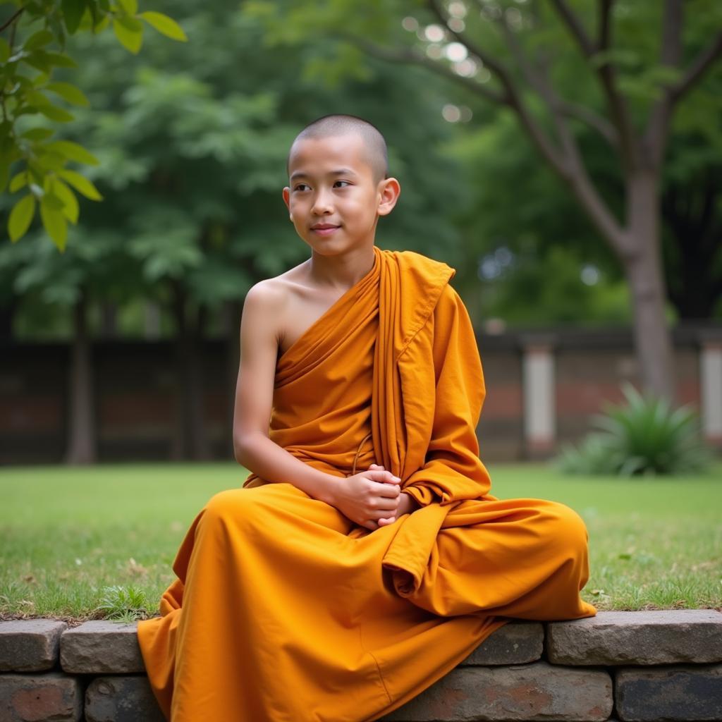 A young Buddhist monk looking thoughtfully into the distance.