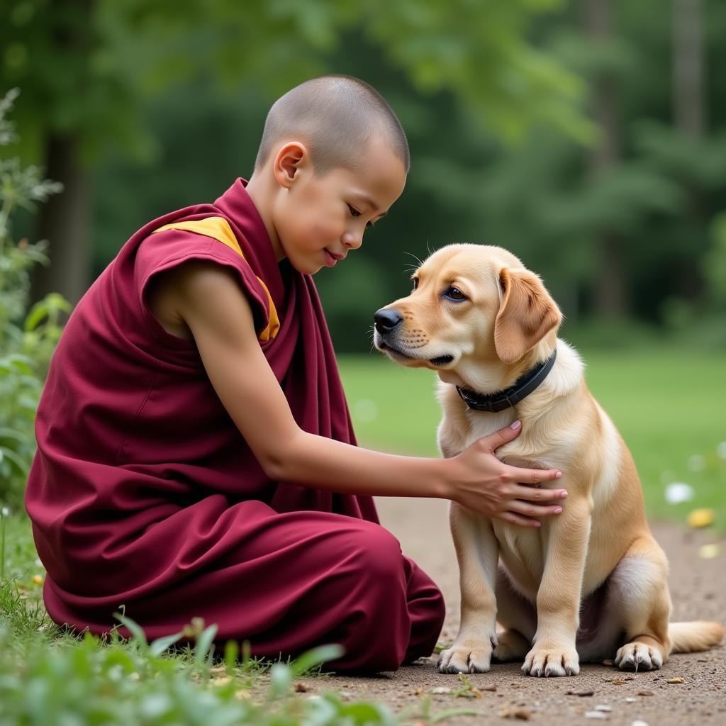 Chú tiểu Thích Chân Tâm chăm sóc động vật