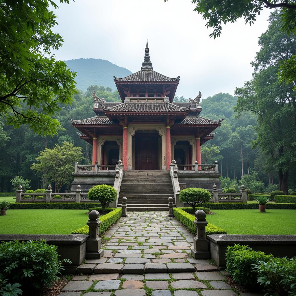 A panoramic view of the Chùa Thầy Thích Chân Quang complex, showcasing its ancient architecture nestled amidst lush greenery and serene mountains.