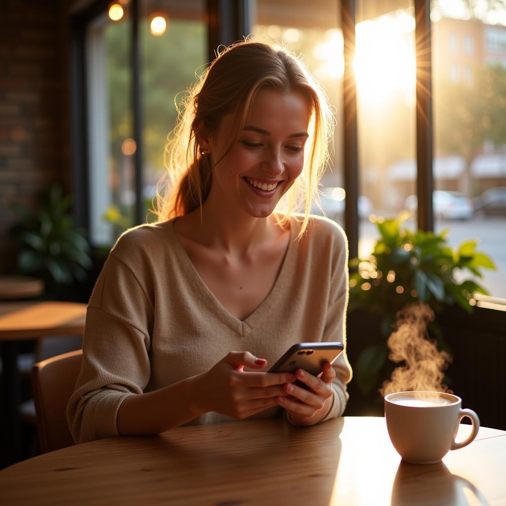 A girl smiling happily while texting on her phone