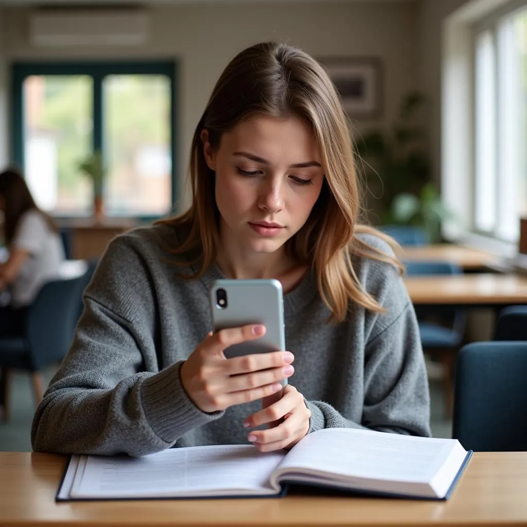 A young woman is studying English with books and smartphone