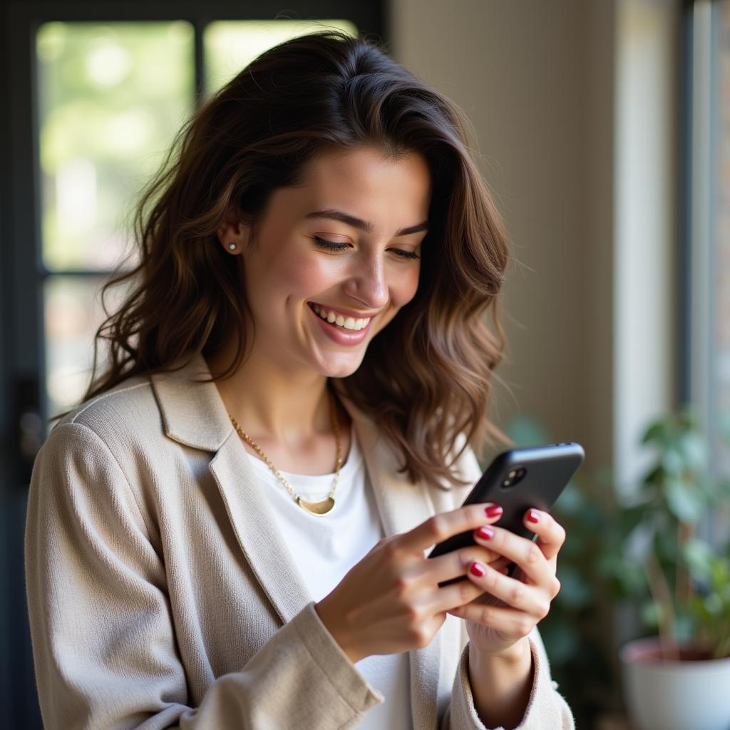 Smiling girl using her phone