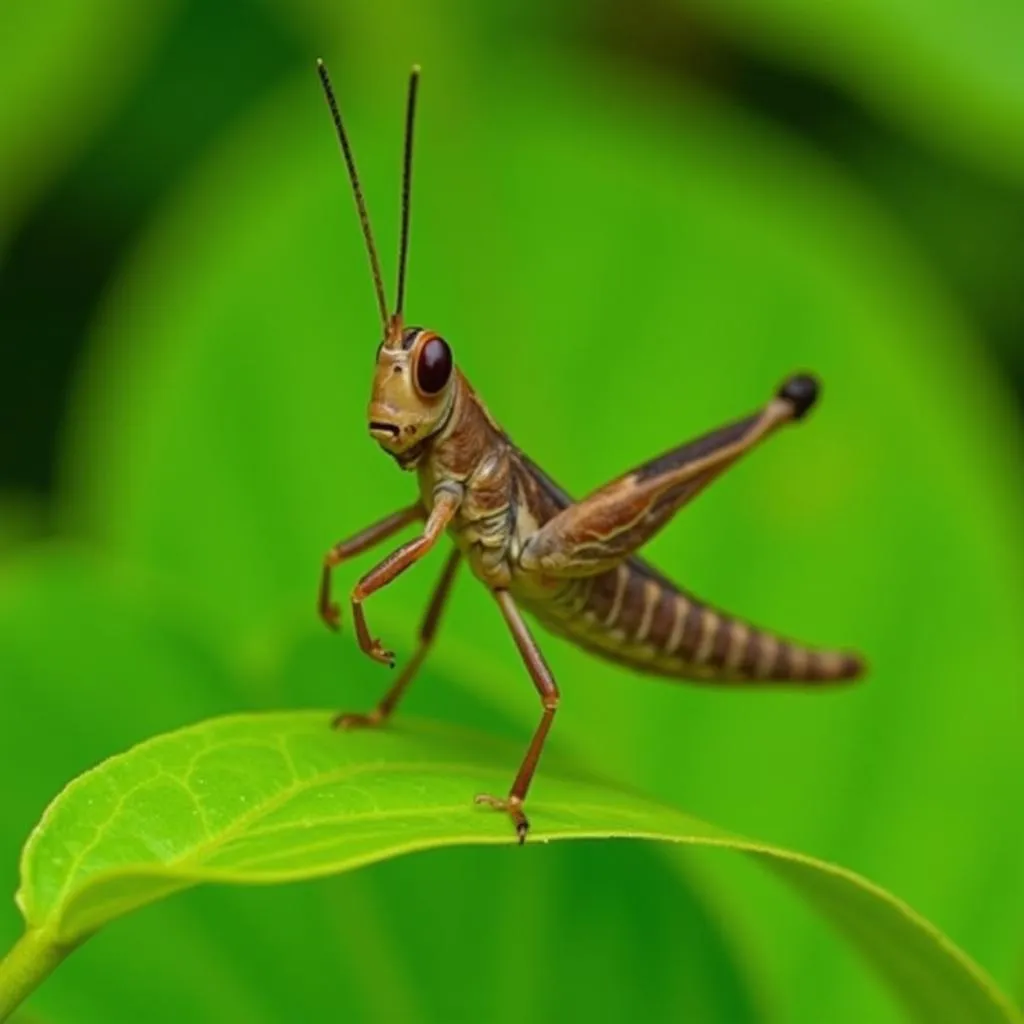 Chú cào cào nhảy trên lá xanh