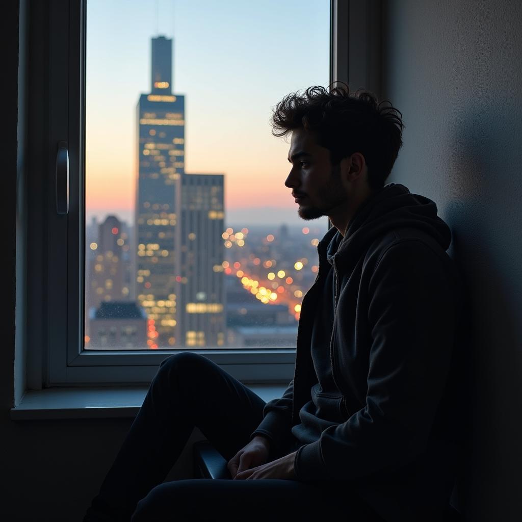 A thoughtful young man sitting alone by the window, gazing out at the cityscape.