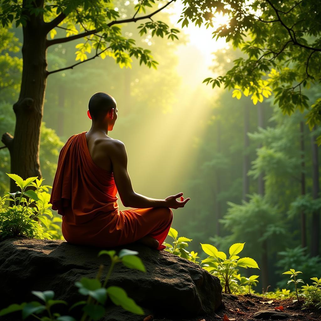 A serene monk meditating peacefully in nature