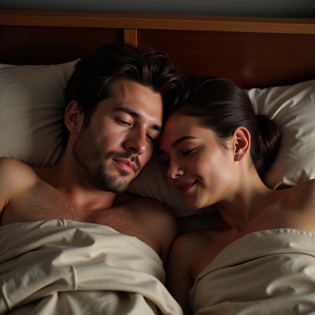 Couple cuddling in bed after intimacy