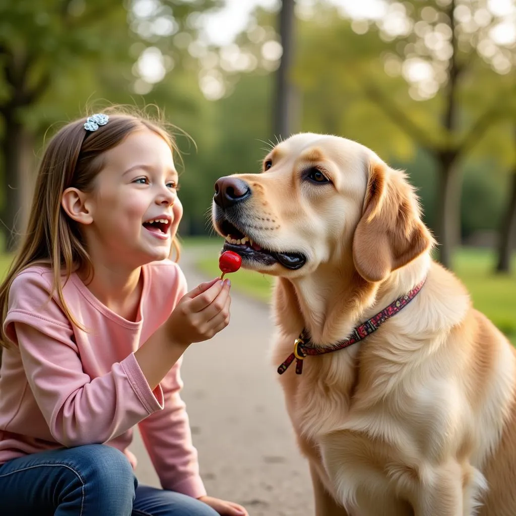 Little girl feeding golden retriever dog