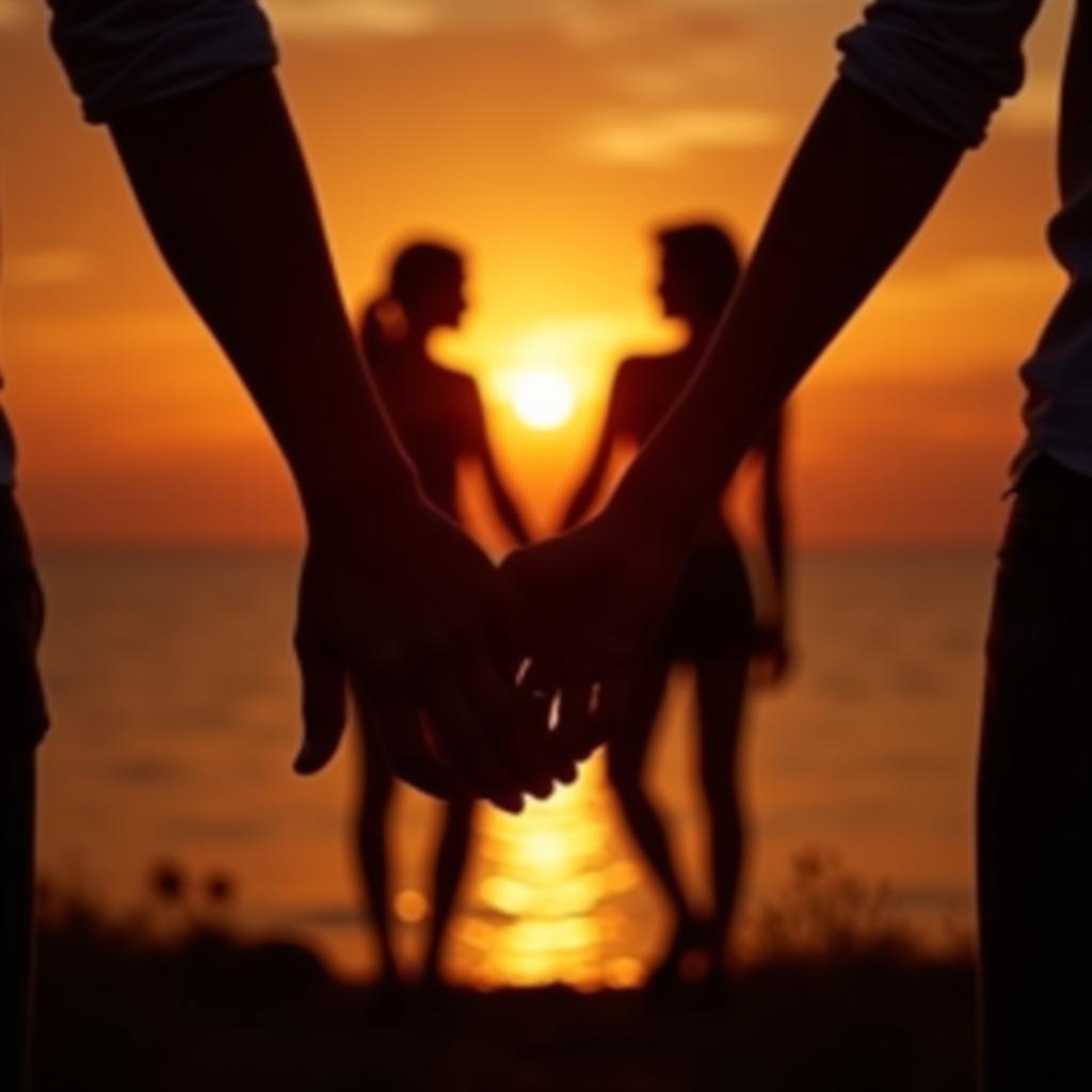 Couple holding hands at sunset