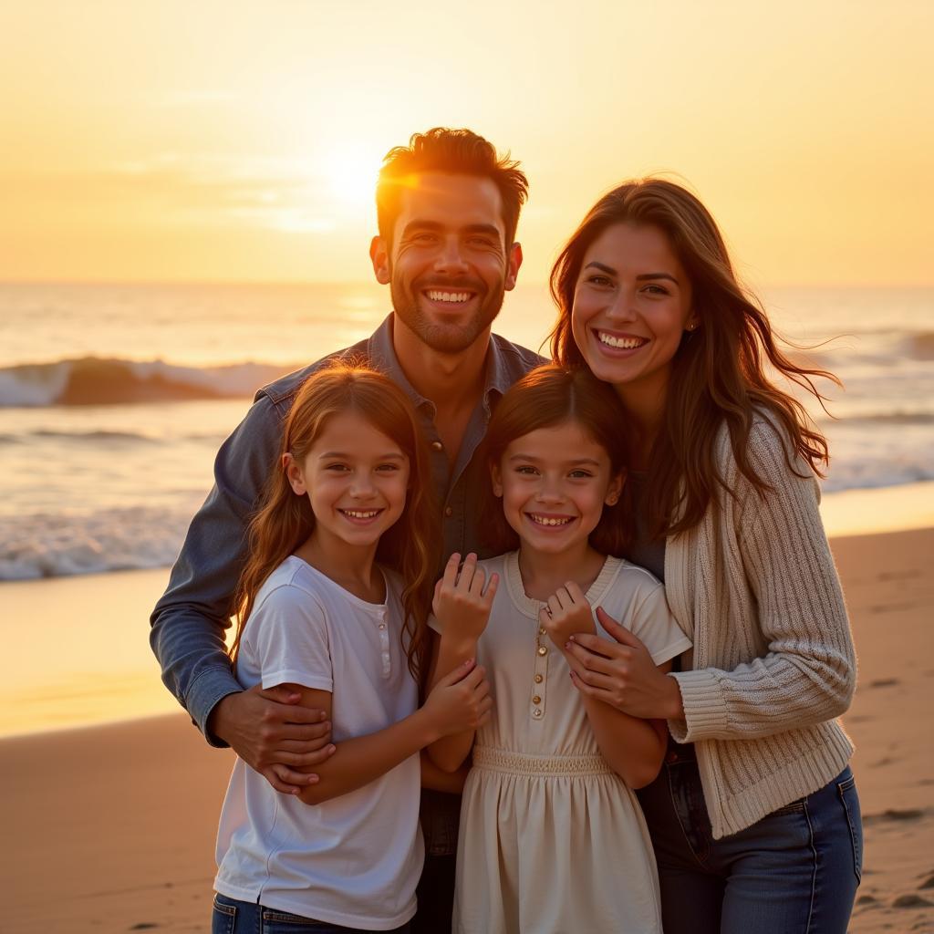 Family laughing on the beach at sunset