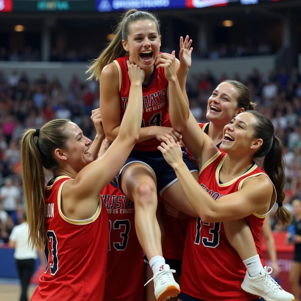 Female athlete celebrating victory with her team