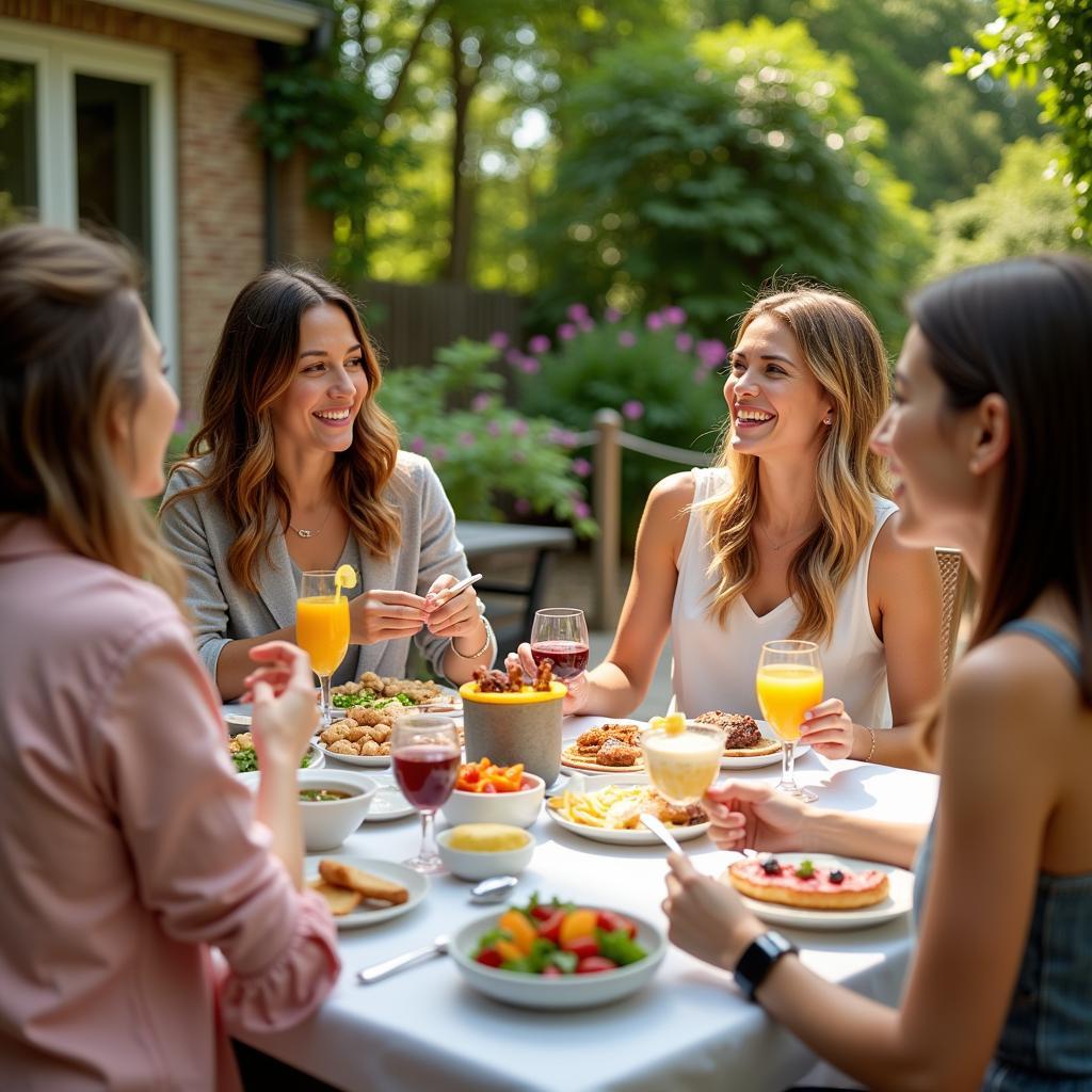 Friends having brunch on a sunny terrace