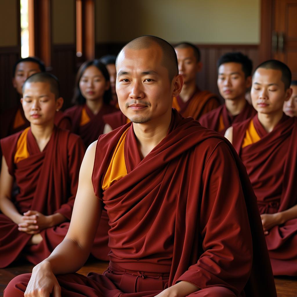 A Buddhist monk in traditional robes leading a group of people in meditation.