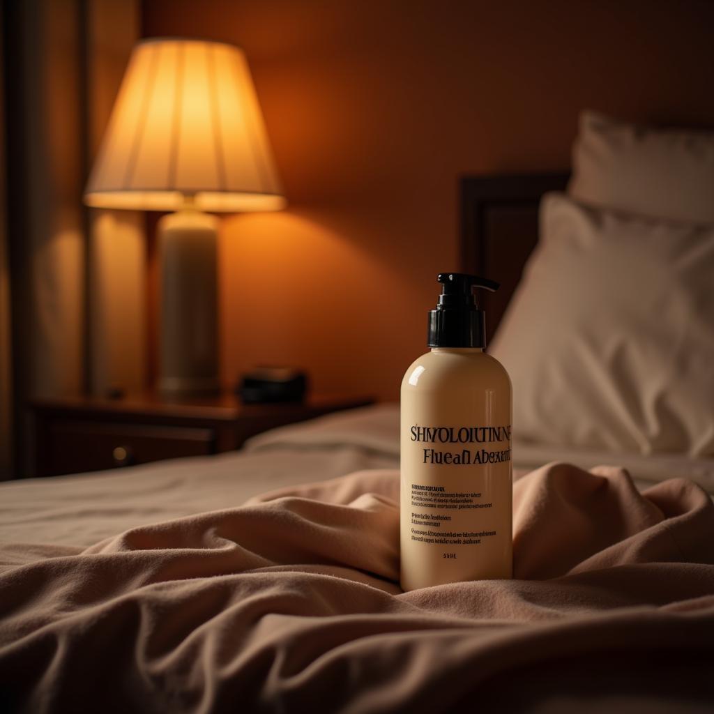 Close-up of stimulating lubricant bottle on bedside table