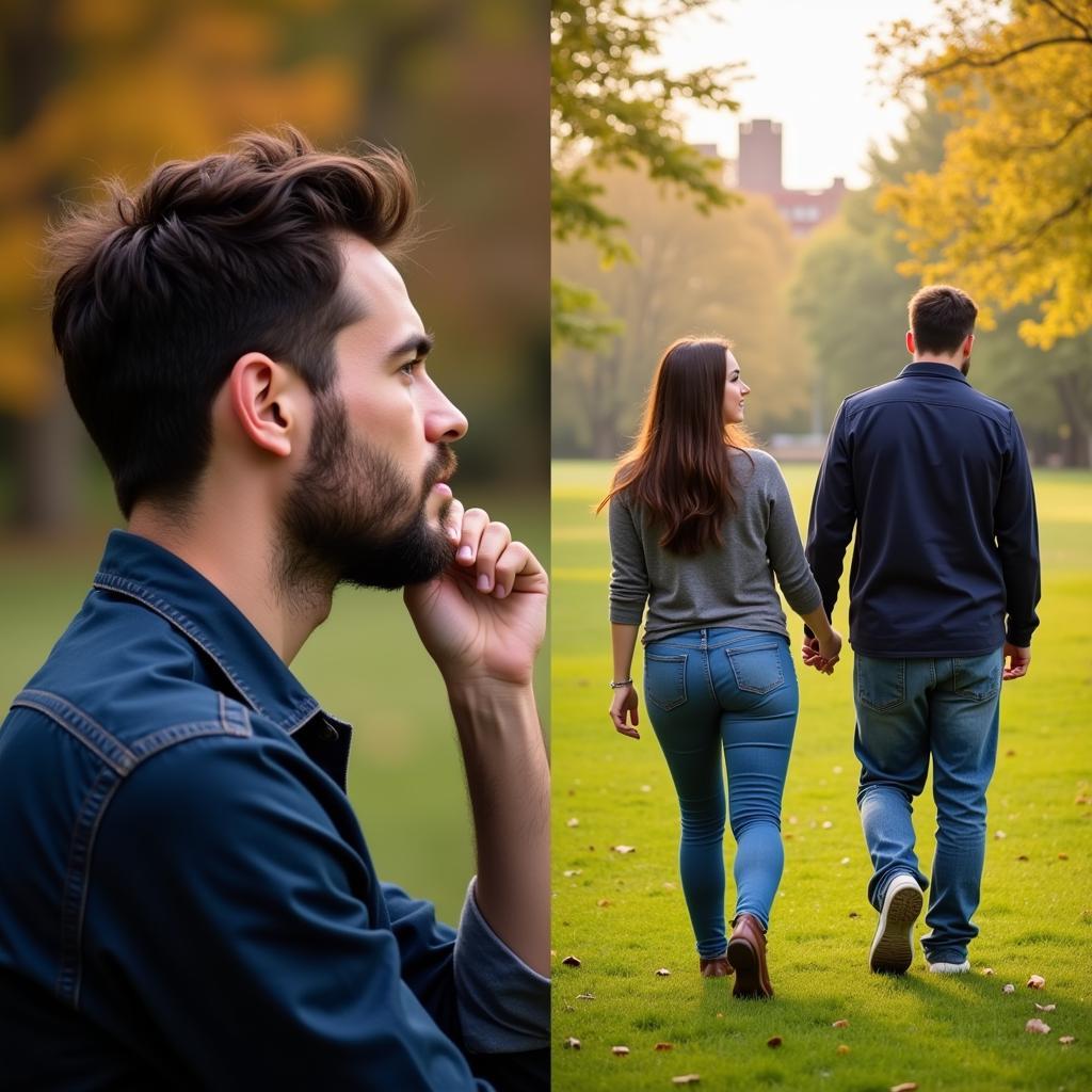 Thoughtful man and happy couple