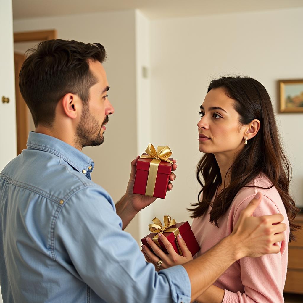 A man offering a gift to a woman with a neutral expression.