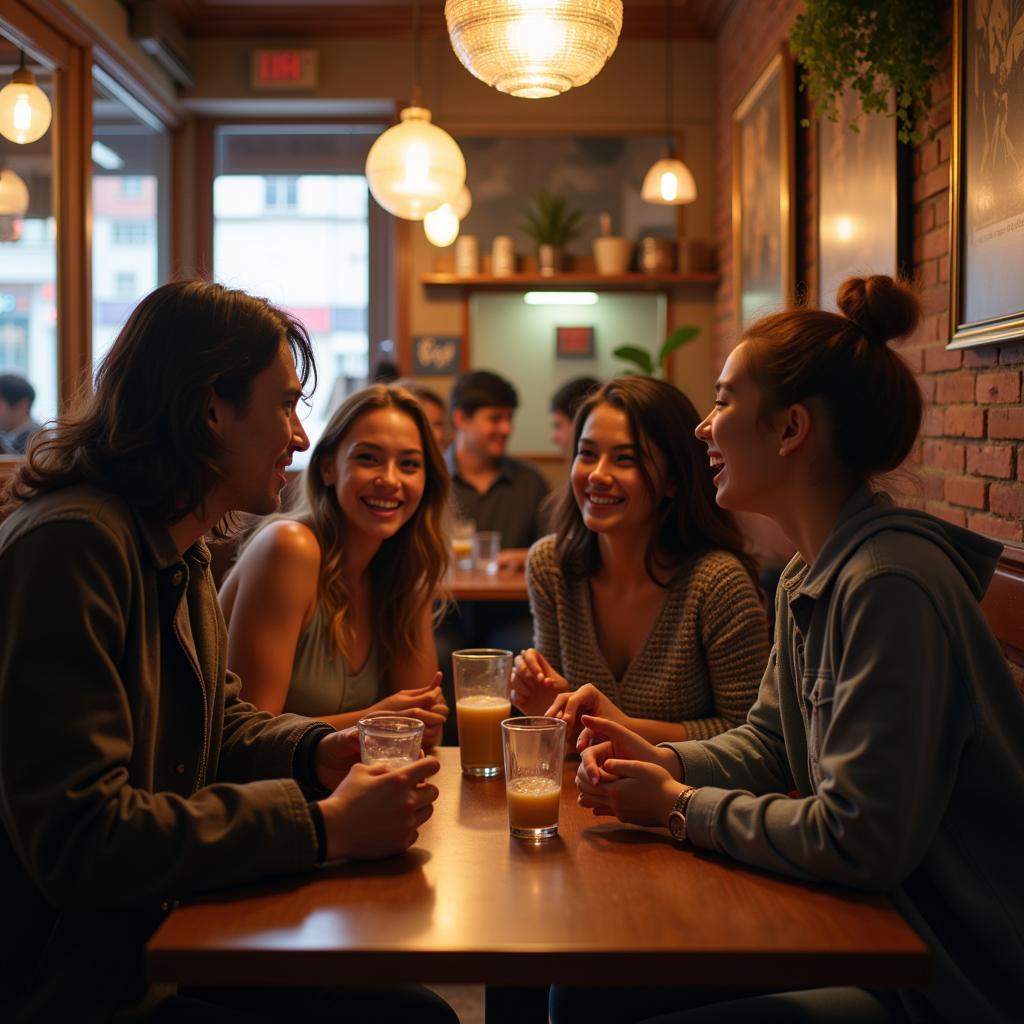 introducing hobbies in english - a group of friends are laughing and talking about their hobbies while sitting at a cafe