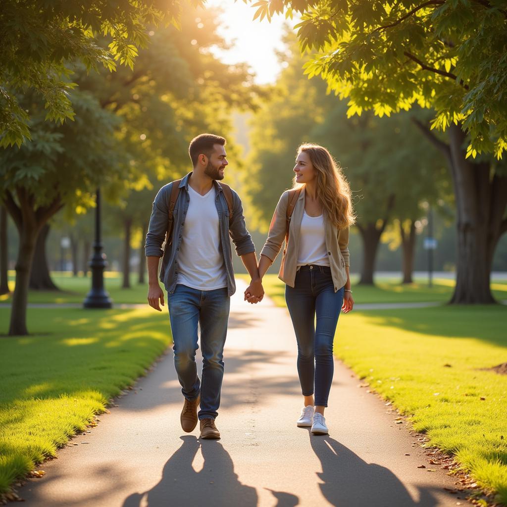 introducing hobbies in english - two people talking about their hobbies while walking in the park