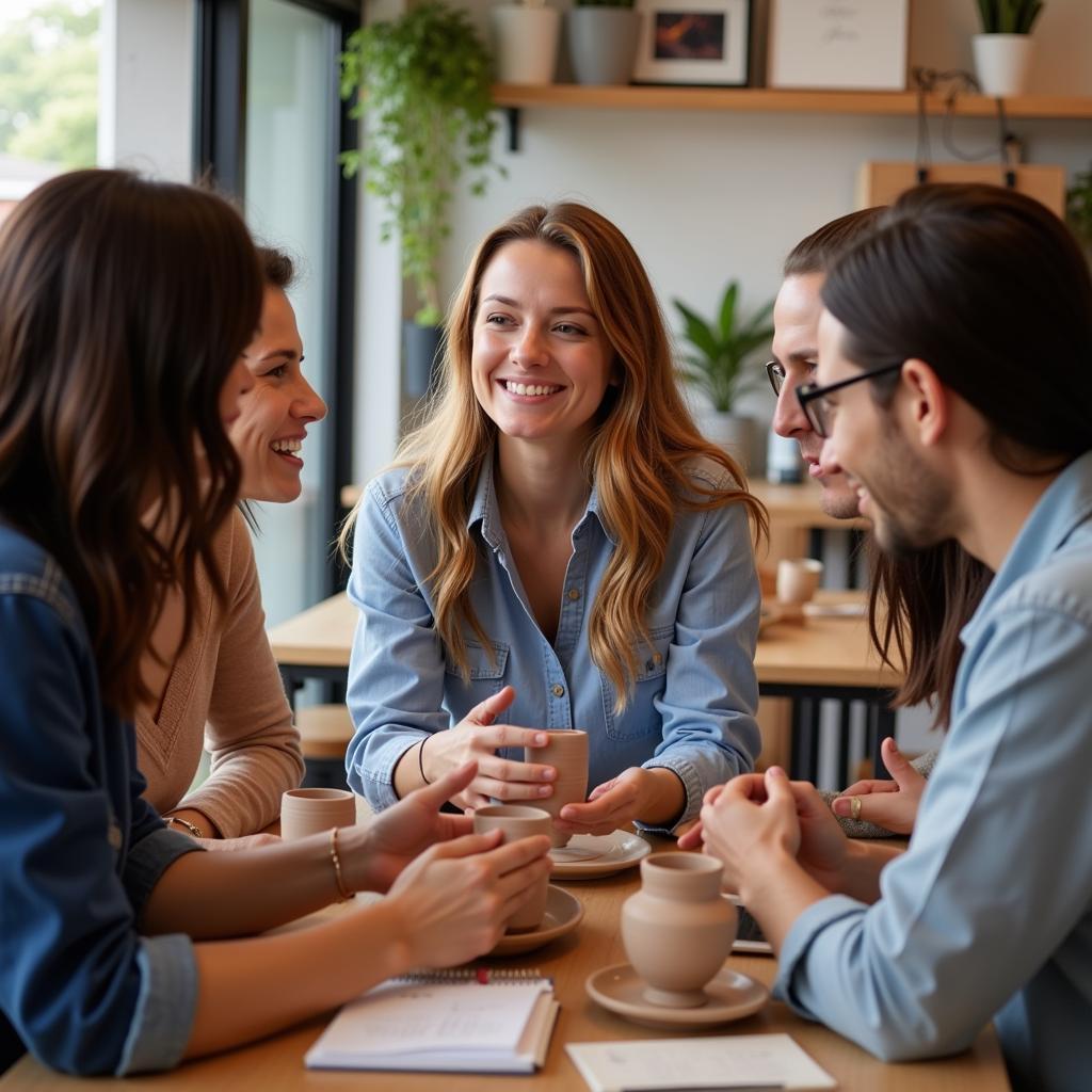 introducing hobbies in english - a person smiling while talking about their hobby with their colleagues at work