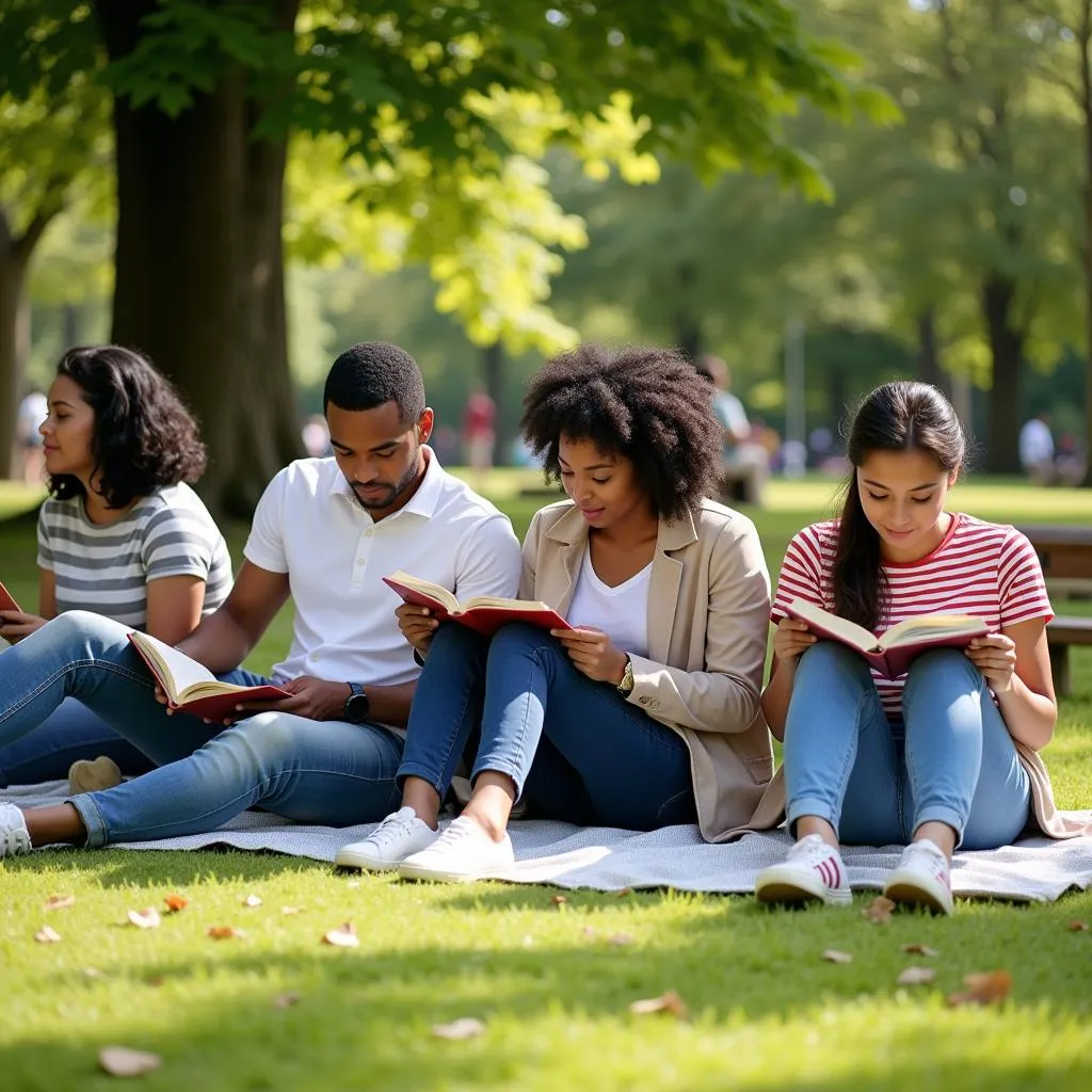 People from different backgrounds reading in a park