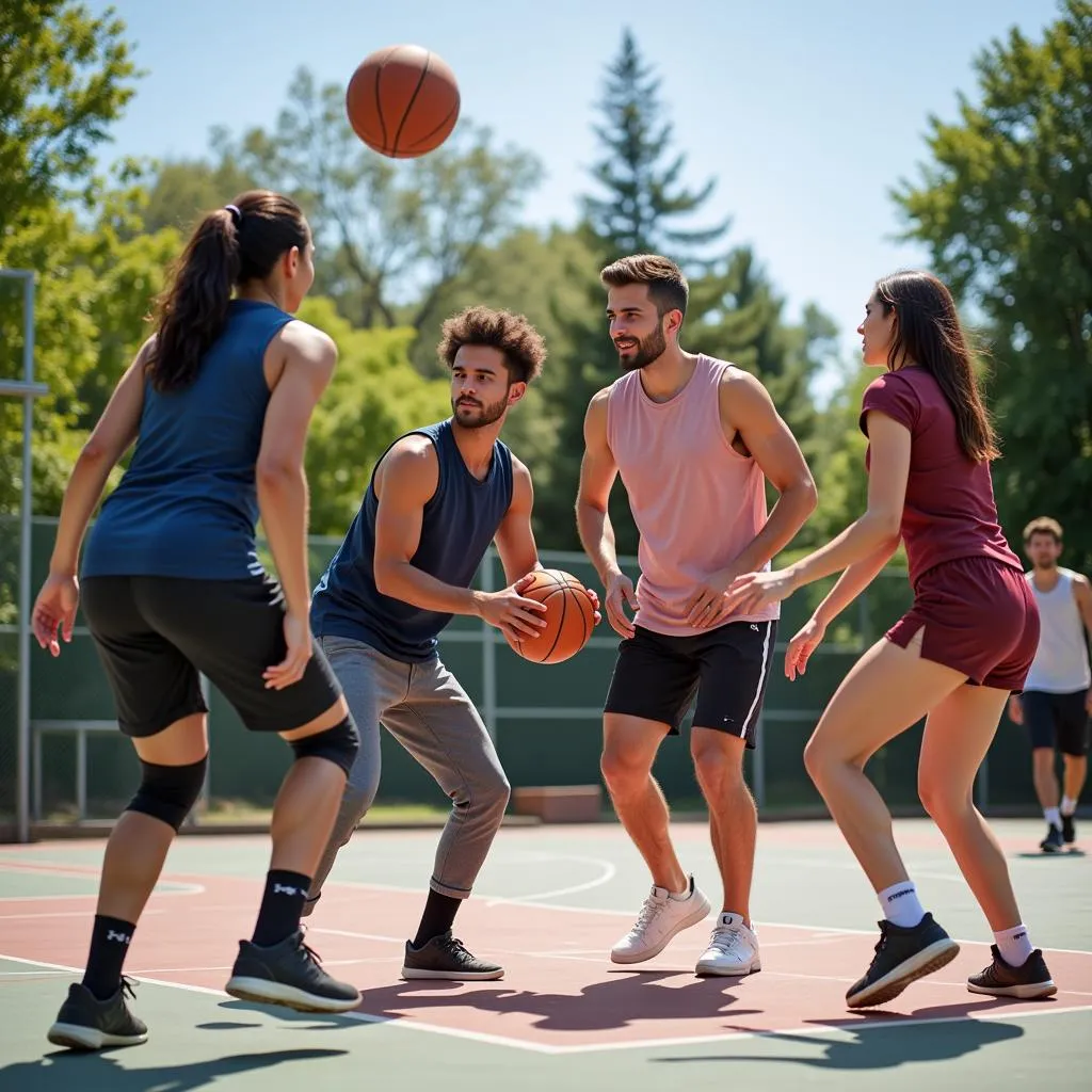 Group of friends playing basketball together